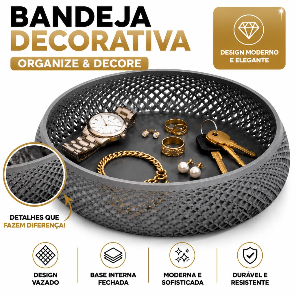 Bandeja Organizadora Decorativa Porta Joias Relógio Chaves Acessórios Mesa Escritório Quarto Penteadeira