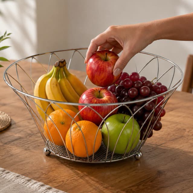 Fruteira de Mesa em Aço Inox Cromado Grande Organizador de Frutas Elegante para Cozinha Bancada