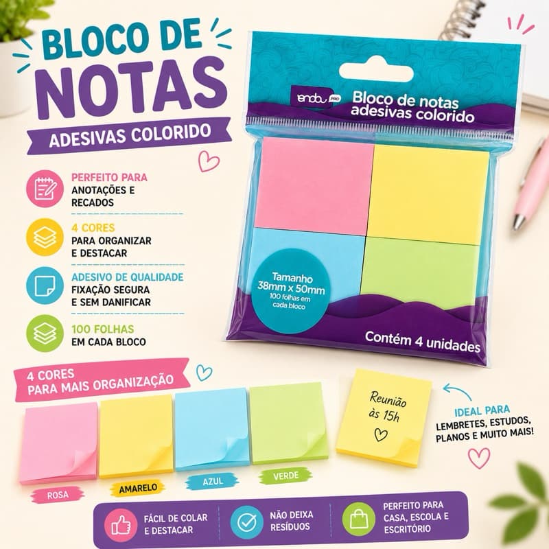 Kit 4 Blocos de Notas Adesivas Coloridas 100 Folhas 50x38mm