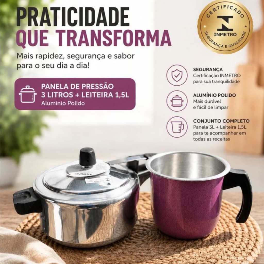 Kit Panela de Pressao 3 Litros + Leiteira 1,5 Litros Canecão em Alumínio Rosa