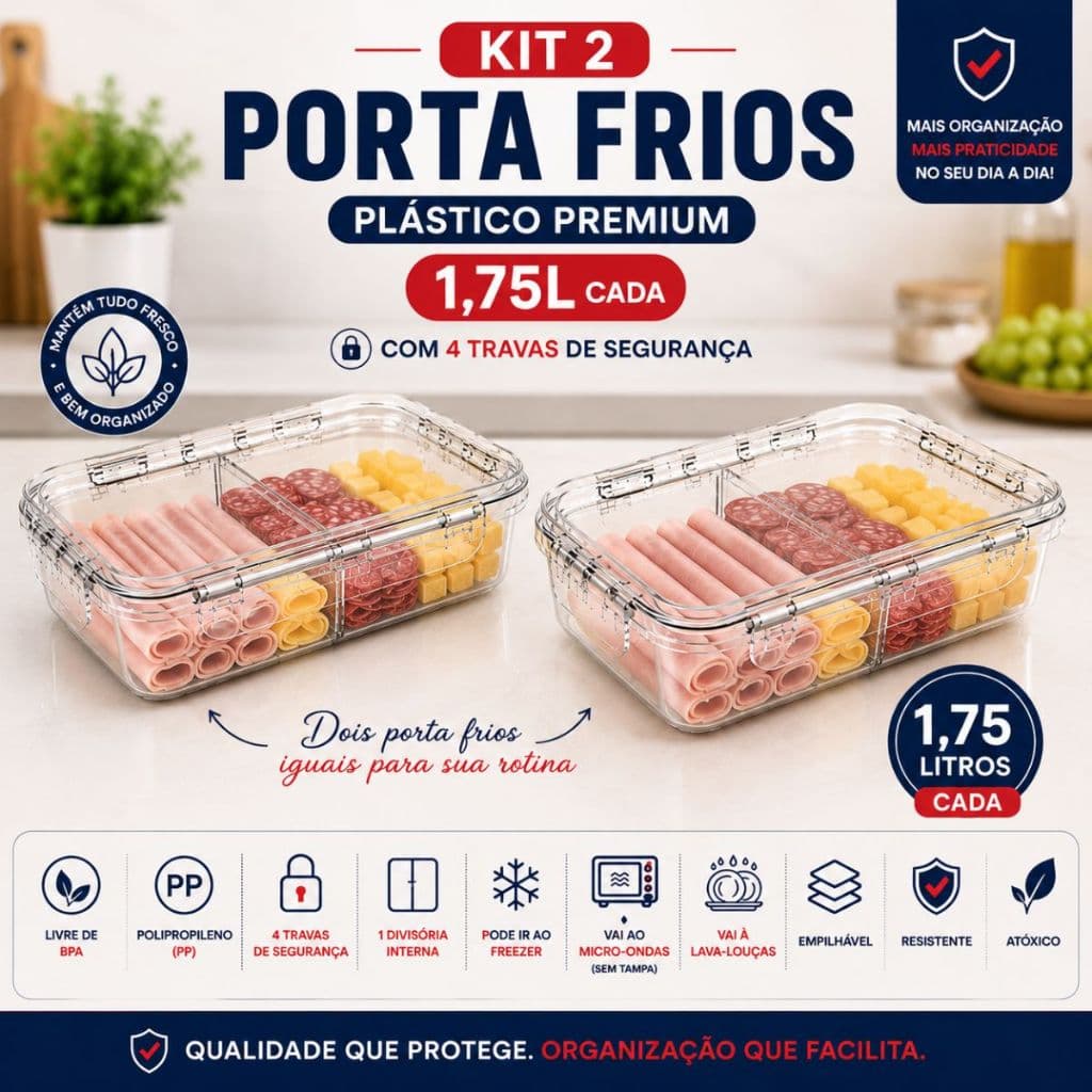 Kit 2 Porta Frios 1,75L Com Divisória 4 Travas Hermético BPA Free Potes Organizadores Transparente Cozinha Freezer