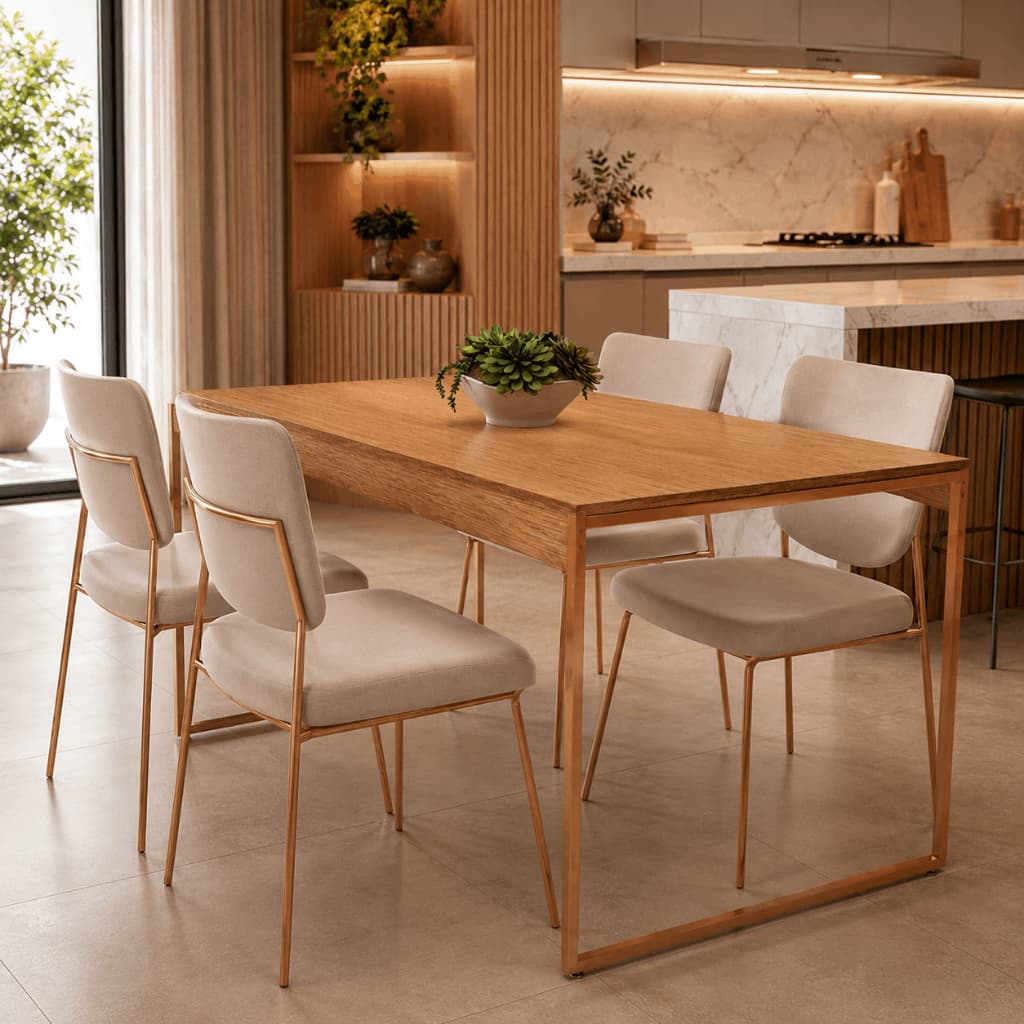 Mesa de Jantar Estilo Industrial 4 Lugares Compacta Moderna em Aço Cobre Rose Gold Sala Cozinha Apartamento Área Gourmet