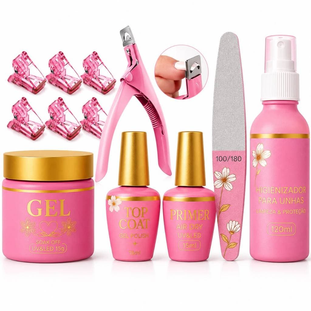 Kit Manicure Top Coat e Primer Preparadores de Unhas em Gel Presilha Alicate de Unha