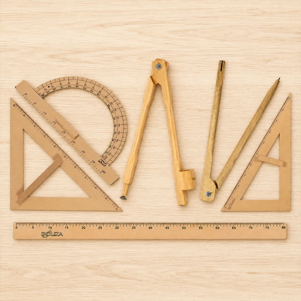 Kit Geométrico Mdf - Régua - Compasso - Esquadro 45° e 60° - Transferidor - Monte seu Kit
