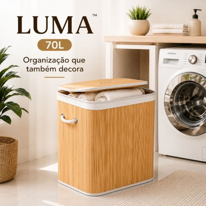 Cesto Organizador LUMA 70L Bambu com Tampa e Alças para Roupas Lavanderia Quarto Banheiro e Closet