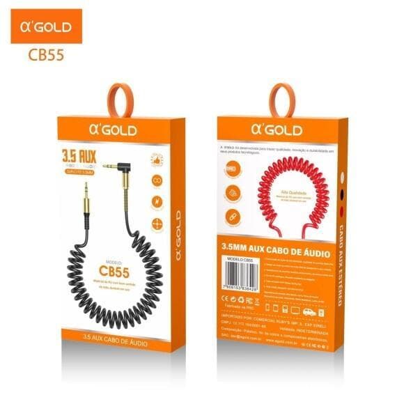 Cabo Auxiliar P2 x P2 Estéreo Espiral - Conectores de Ouro, Design Retrátil, Conexão 90 Graus