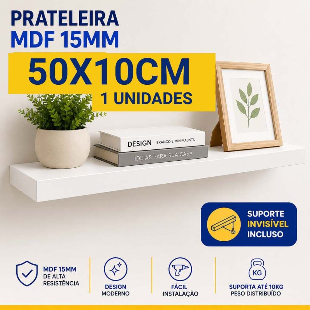 1 Prateleira Lisa Mdf 15mm Branco 50x10 Cm Suporte Invisível prateleiras parede