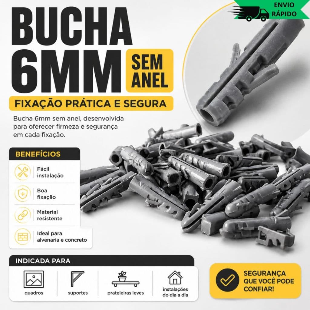 Kit 100/200 Buchas 6mm Sem Anel Fixação Confiável E Durável Para Parede Ideal Para Reformas