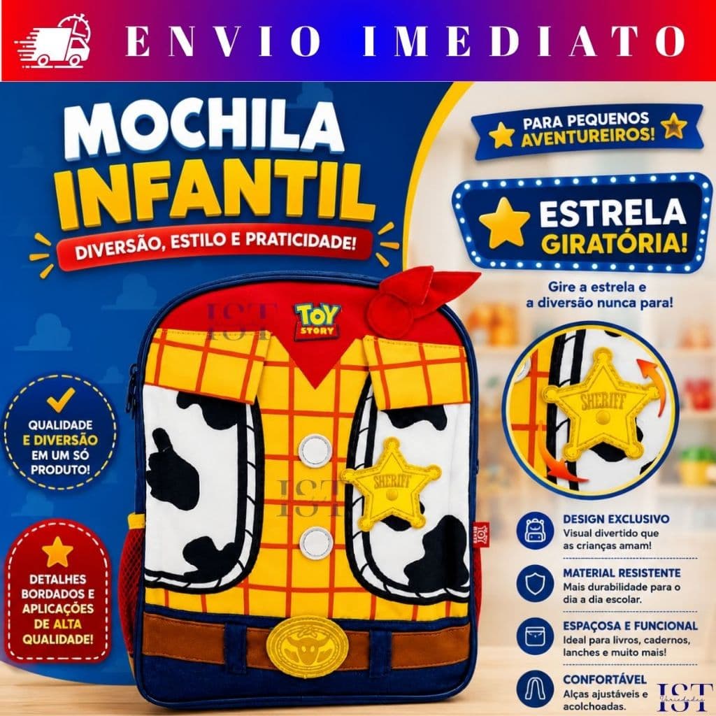 Mochila Infantil Toy Story Woody Estrela Giratória Escola e Passeio Resistente Confortável Alças Acolchoadas