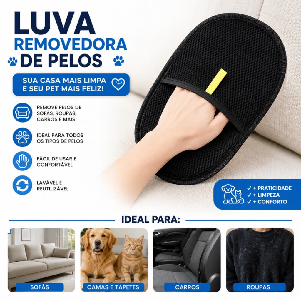 Luva Removedora De Pelos Cães Gatos Tira Pelos Sofa Roupa Pet Lavável Reutilizável Eficiente