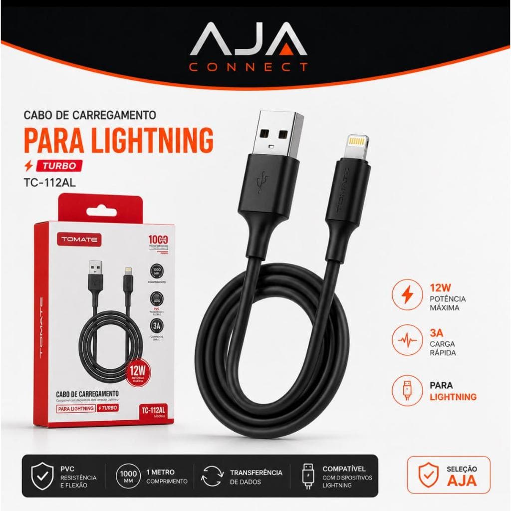 Cabo USB TOMATE TC-112AL Lightning 12W Turbo 3A 1 Metro - Preto
