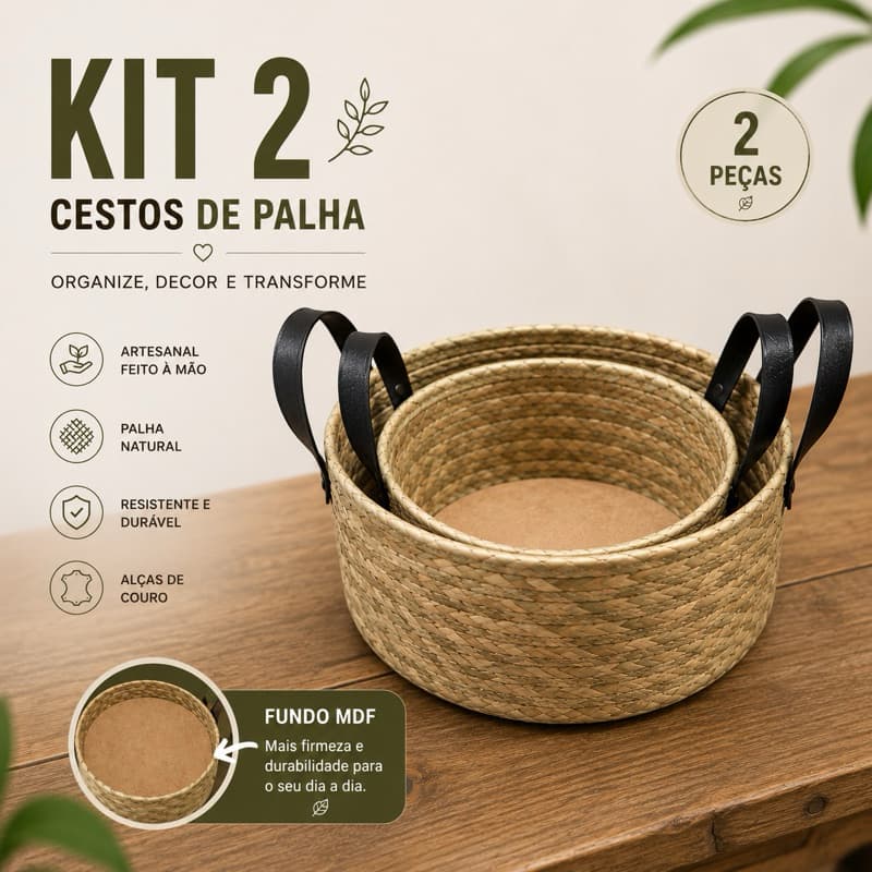 kit com 2 Cesto Cachipot de Palha com alca preto Decorativo 20/25 cm