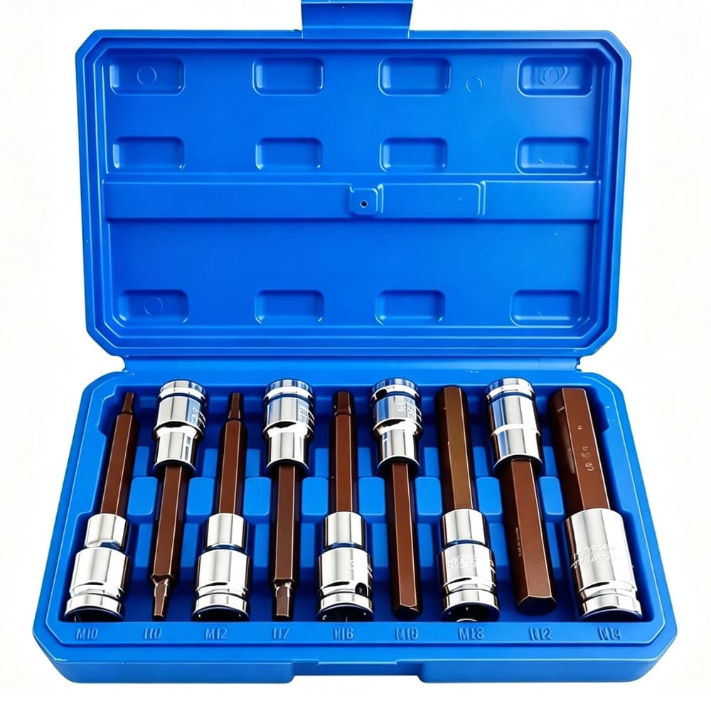 Kit 9 Peças Soquetes Allen Longo 1/2" Aço CV para Chave de Impacto, Compatível com Chave de Catraca Mecânica Automotiva