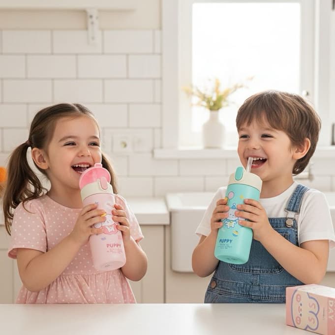 Garrafa Térmica 380ml Para Hidratação Infantil Com Canudo Moderno Tampa Trava Antivazamento