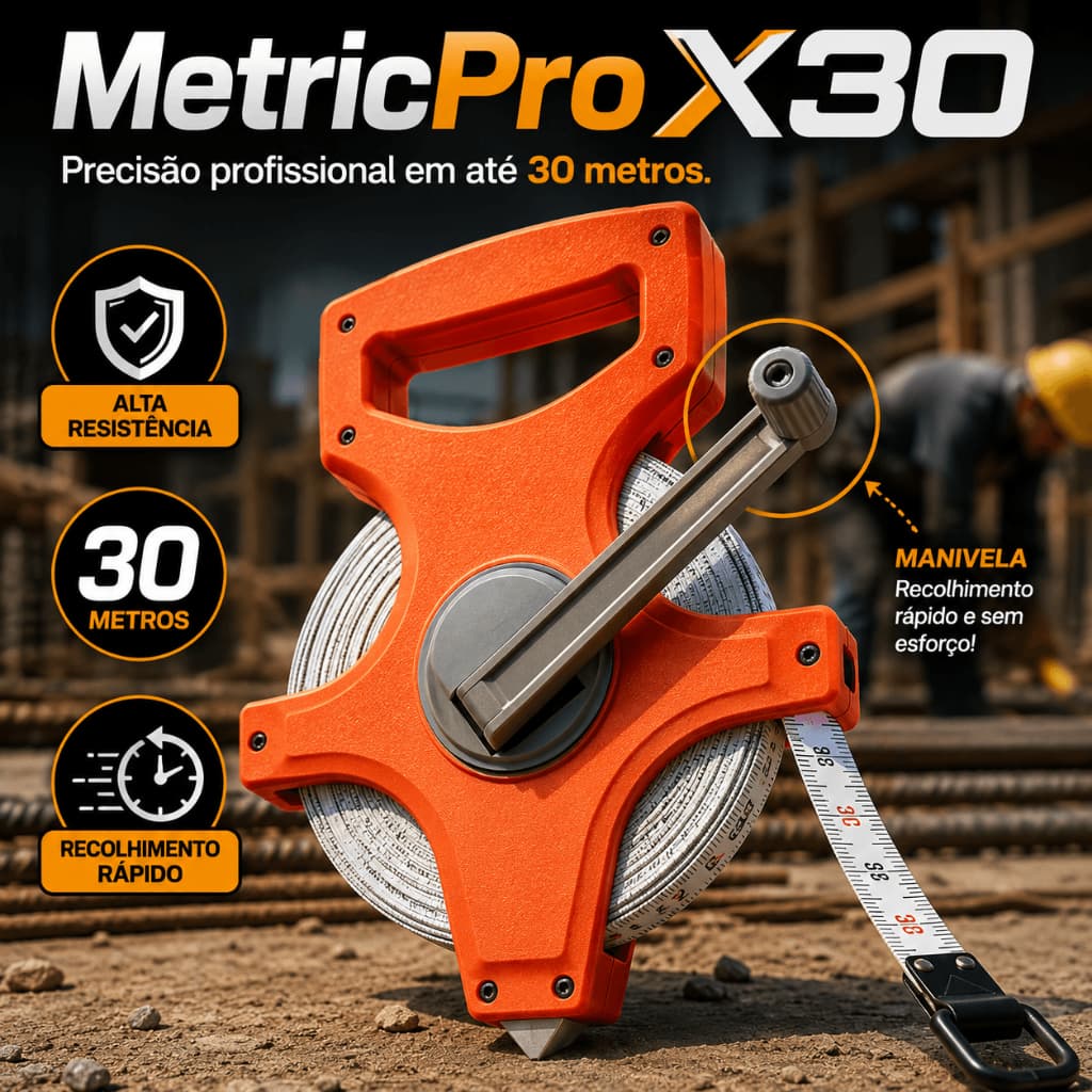 Fita Métrica 30 Metros com Manivela Trena Longa Profissional Fibra Resistente MetricPro X30