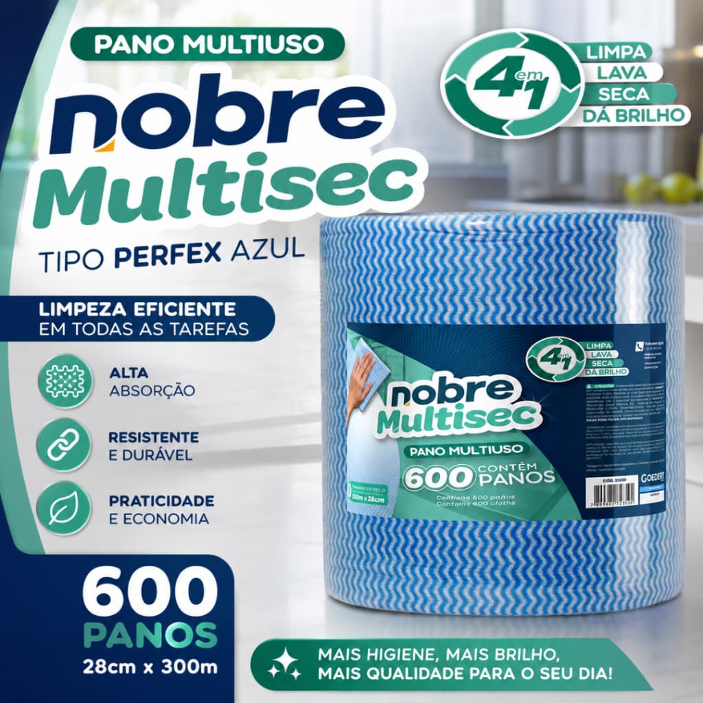 Pano Multiuso Perfex Nobre Multisec 28x300m Azul Rolo Limpeza Cozinha Restaurante Indústria