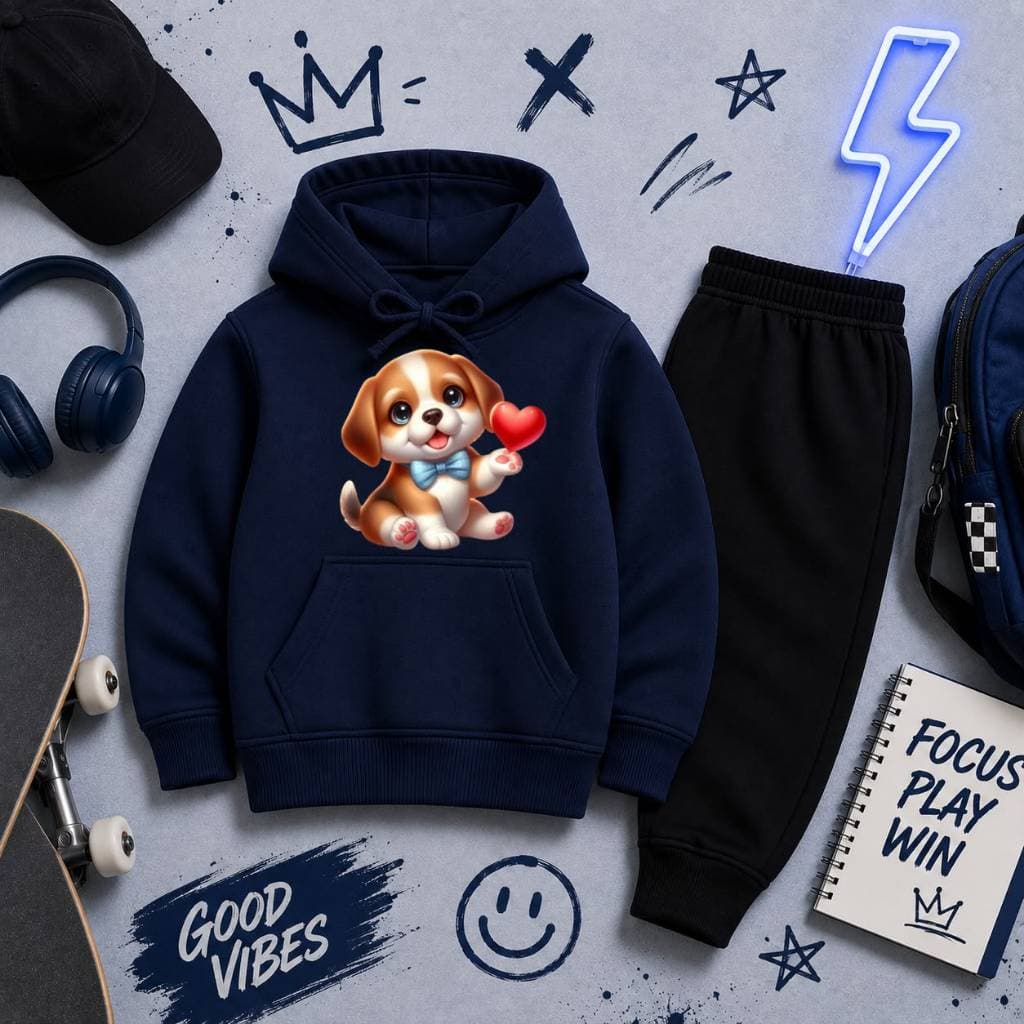Conjunto Infantil Moletom Canguru Flanelado Unissex Estampa Cachorrinho e Coração Inverno Quentinho Confortável