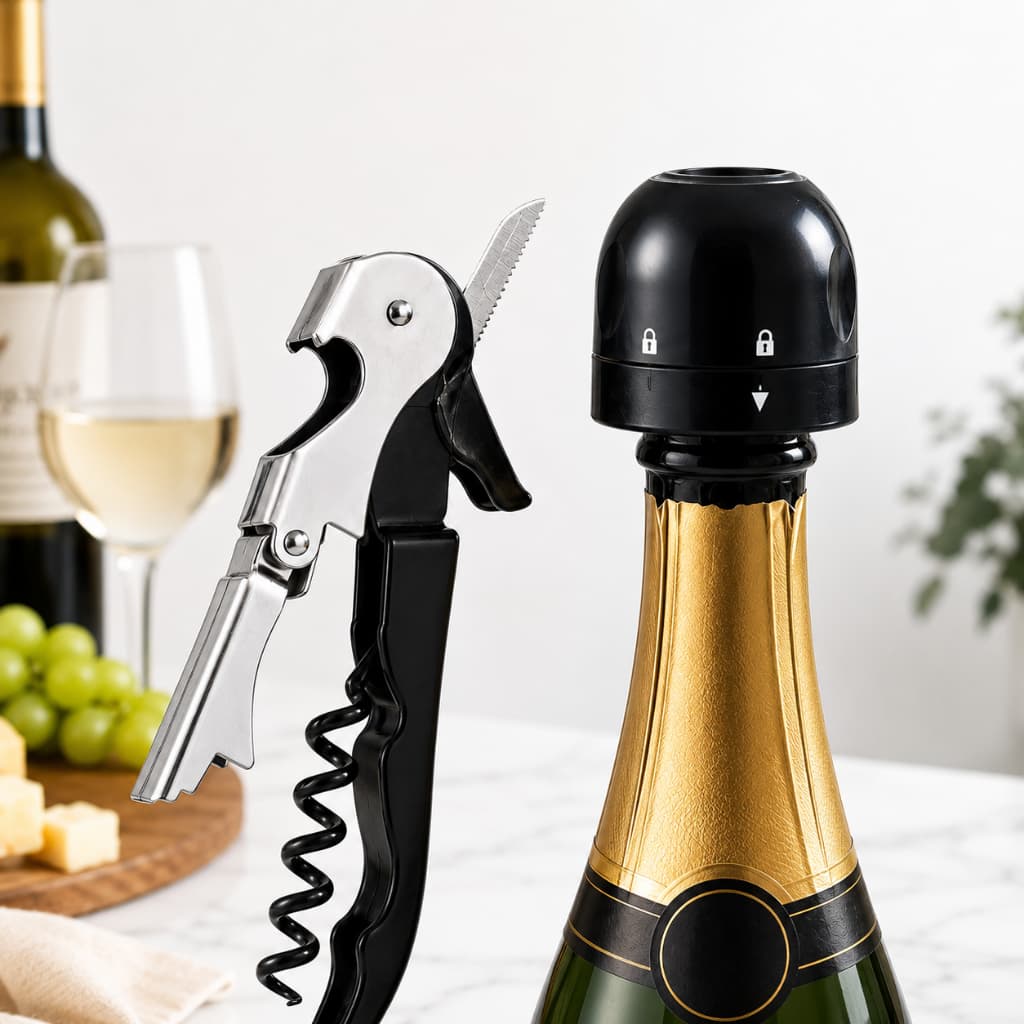 Kit Tampa a vácuo + Saca Rolhas Inóx para Champagne, Vinho Multifuncional Abridor de Garrafas – Kit Vinho 2 em 1