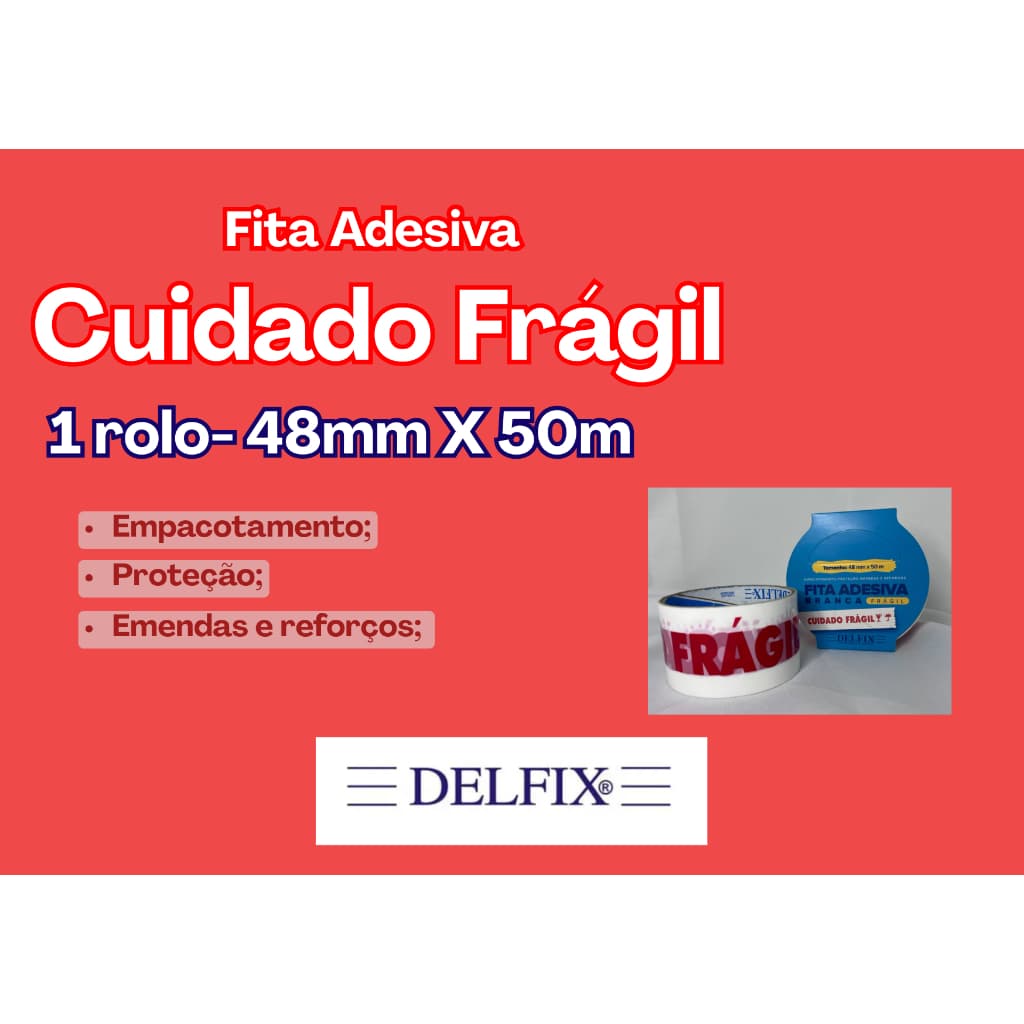 Fita Adesivas Cuidado Frágil Larga Branca 48mm x 50m