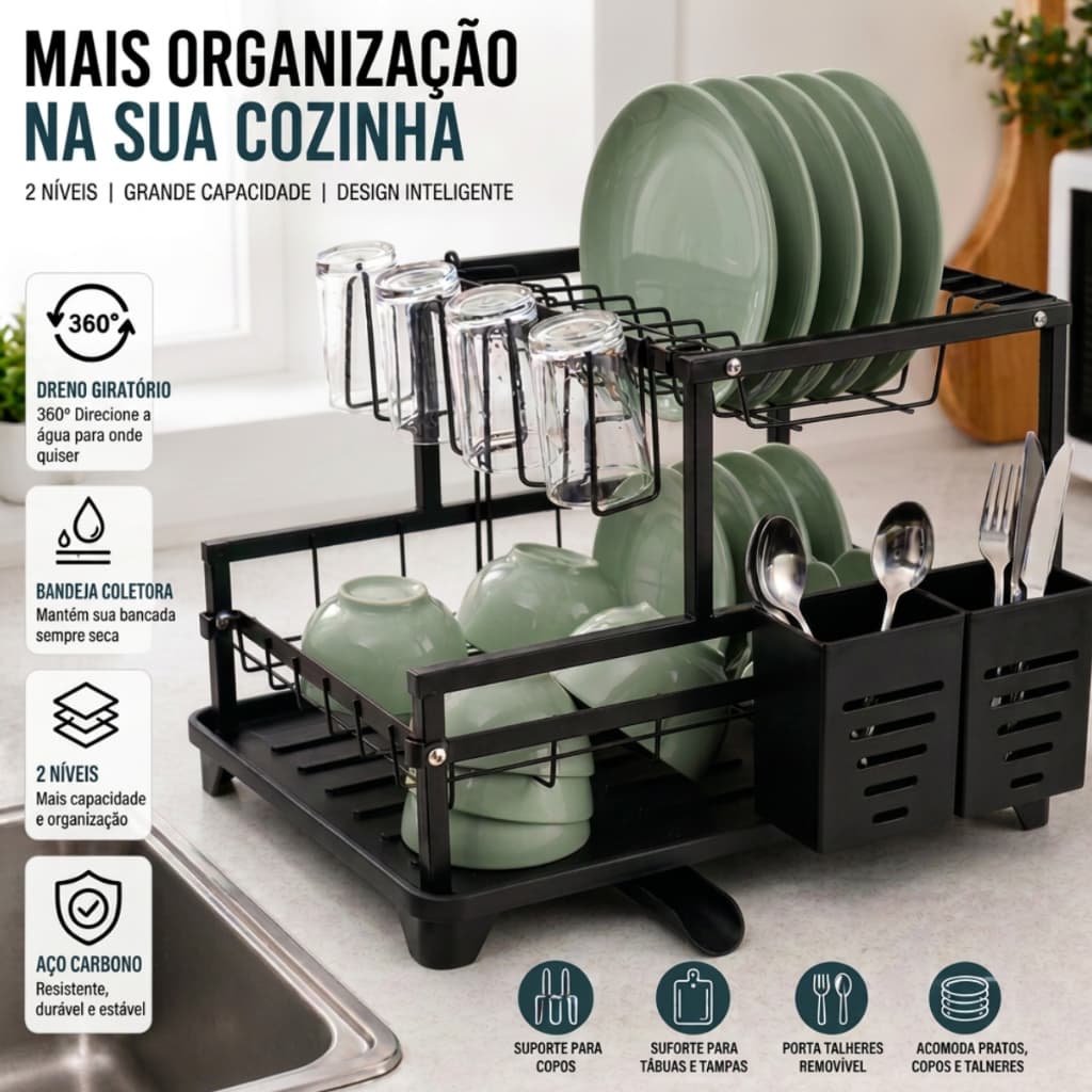 Escorredor de Pratos e Louças Rack Aço Carbono Preto com Bandeja Coletora de Água e Dreno Organizador de Pia Cozinha