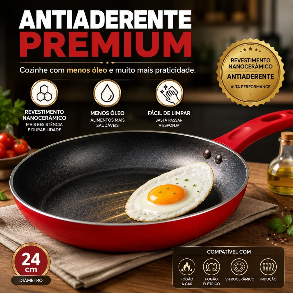 Frigideira Revestimento Nanoceramico 24cm Vermelha Antiaderente Duravel Facil Limpeza