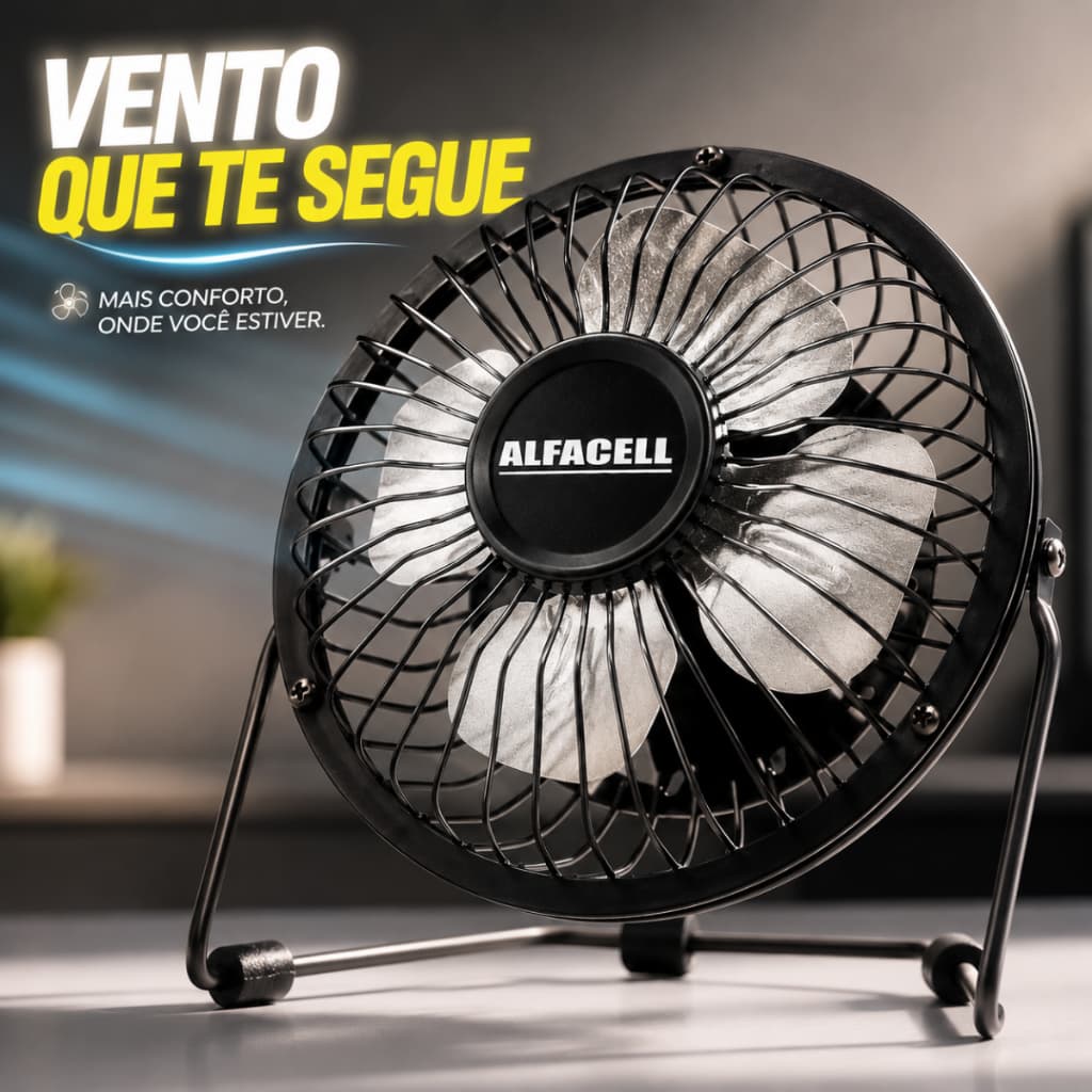 Mini Ventilador de Mesa USB Alfacell AL12005 Silencioso Metálico Portátil Preto, Para escritório