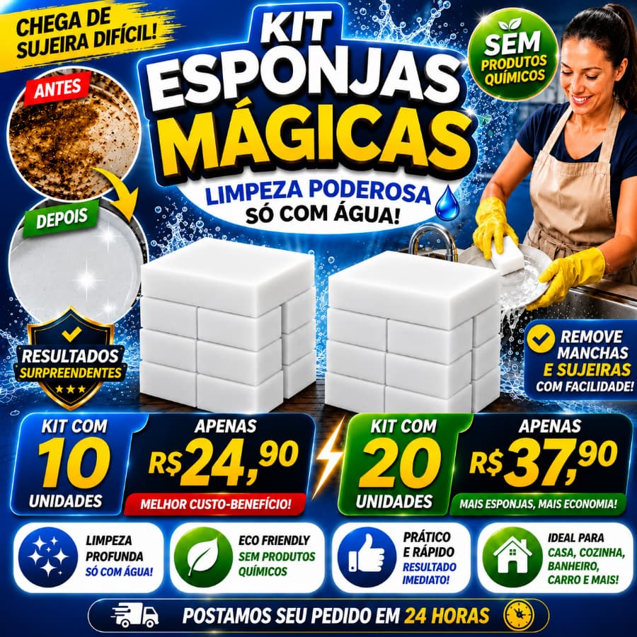 🧽✨ KIT ESPONJA MÁGICA 10 ou 20 Unidades | Remove sujeira difícil só com água 💦 Sem produtos químicos! 🏠🚗