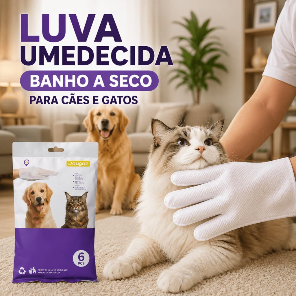 Luva Umedecida Pet Banho A Seco Higiene Limpeza Cachorro Gato 6 Unidades