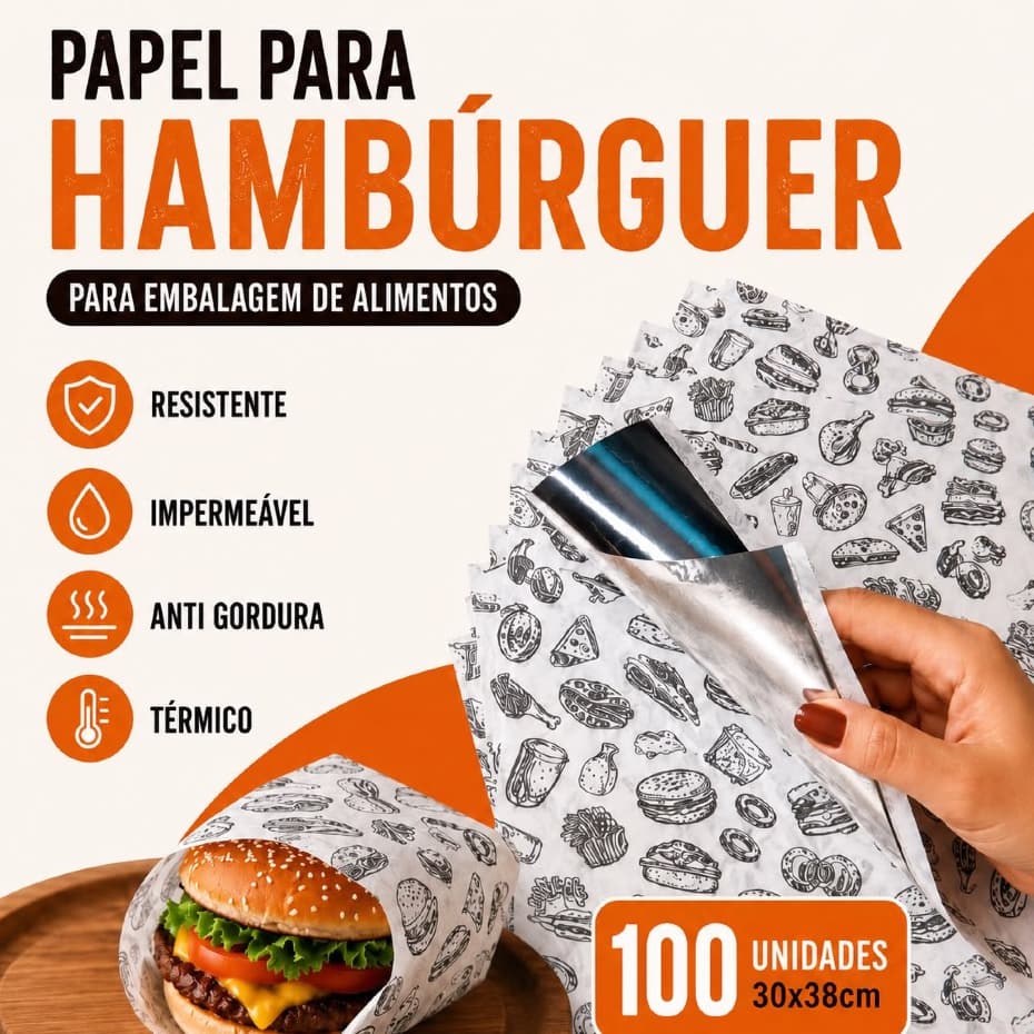 Kit 100un Papel Acoplado Termico 30x38 Anti Gordura - Hambúrguer Delivery Metalizado para Lanche Fast Food