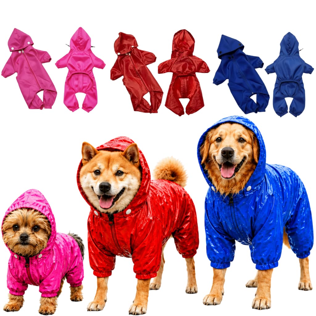 Capa De Chuva Pet Cachorro Impermeável Com Touca e Zíper azul vemelho rosa