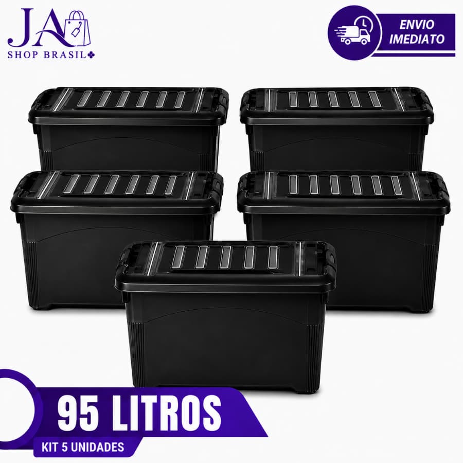 Kit 05 Caixas Organizadoras Preta 95 Litros Plástico Durável Resistente Com Rodinhas e Travas Para Transporte