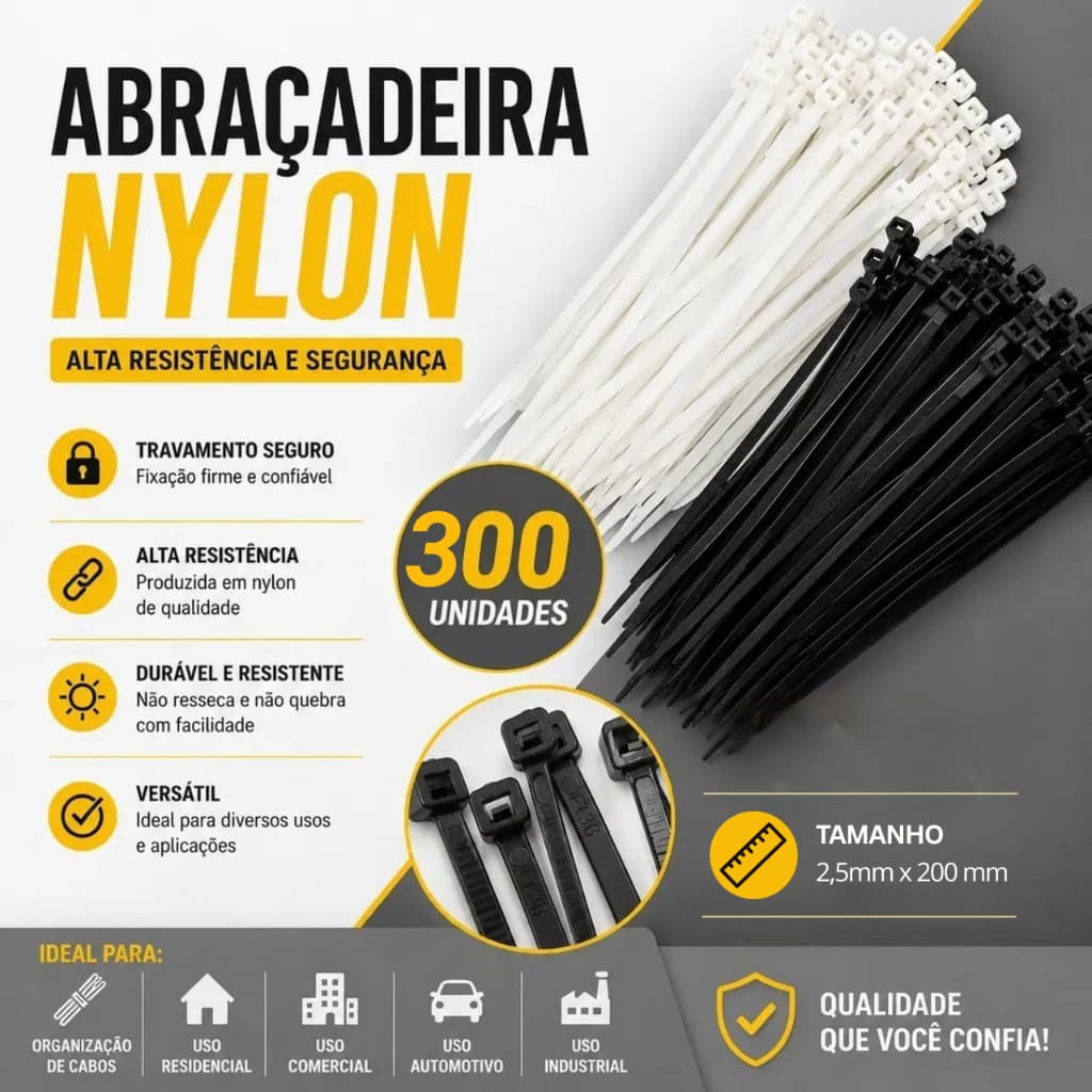 Kit 300 Abraçadeiras Nylon Enforca Gato 2,5mm x 200mm Branca Lacre Cabos Fios Alta Resistência