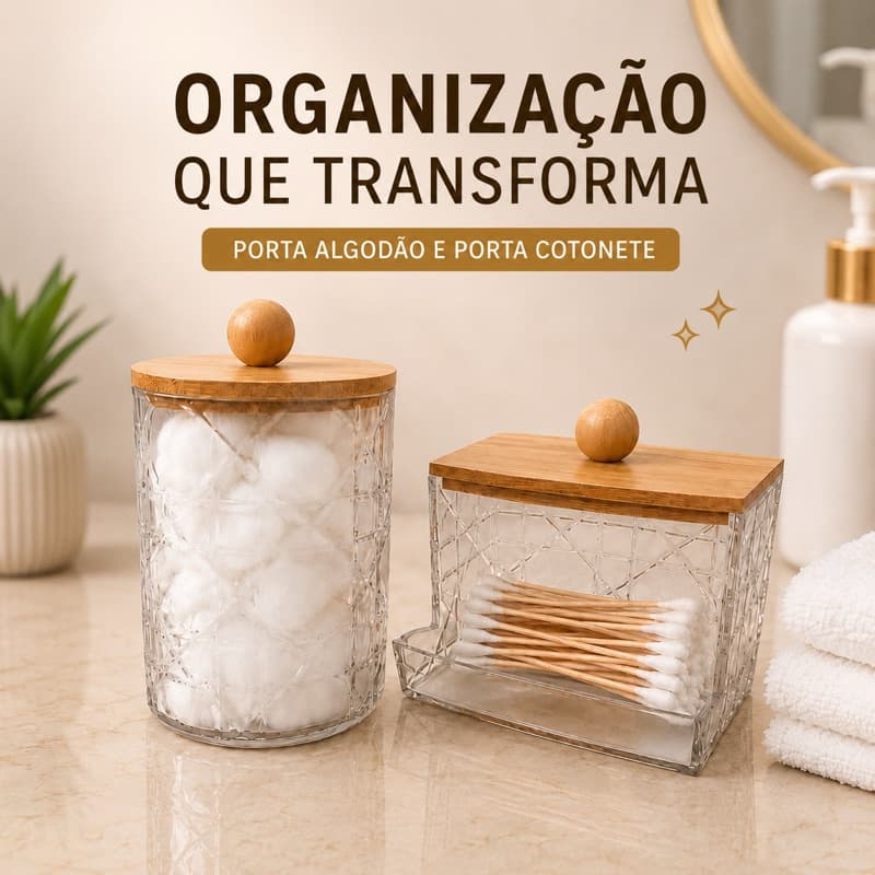 Porta  Algodão Tampa Bambu Organizadores de Maquiagem Lavado Potes Acrilíco