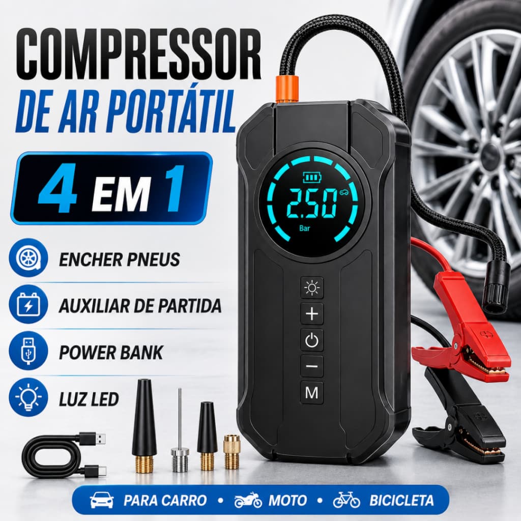 Bomba De Ar Portátil 4 Em 1 Power Bank 8000mAh + Auxiliar De Partida Inflador Digital 12V Carro Moto Bicicleta Pneus