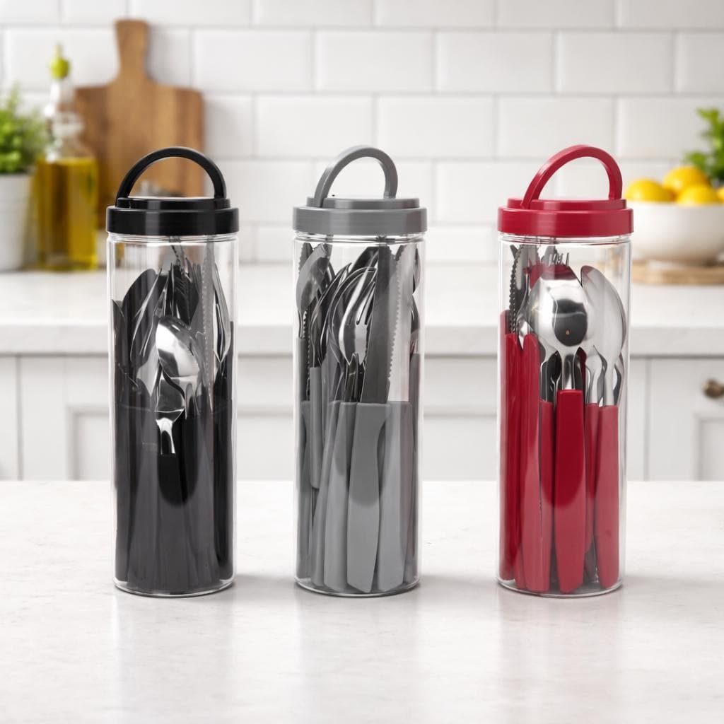 Jogo de Talheres Idee Home Inox 25 Peças - Garfo, Faca e Colher + Porta Talheres Plástico Organizador - Para Casa, Mesa