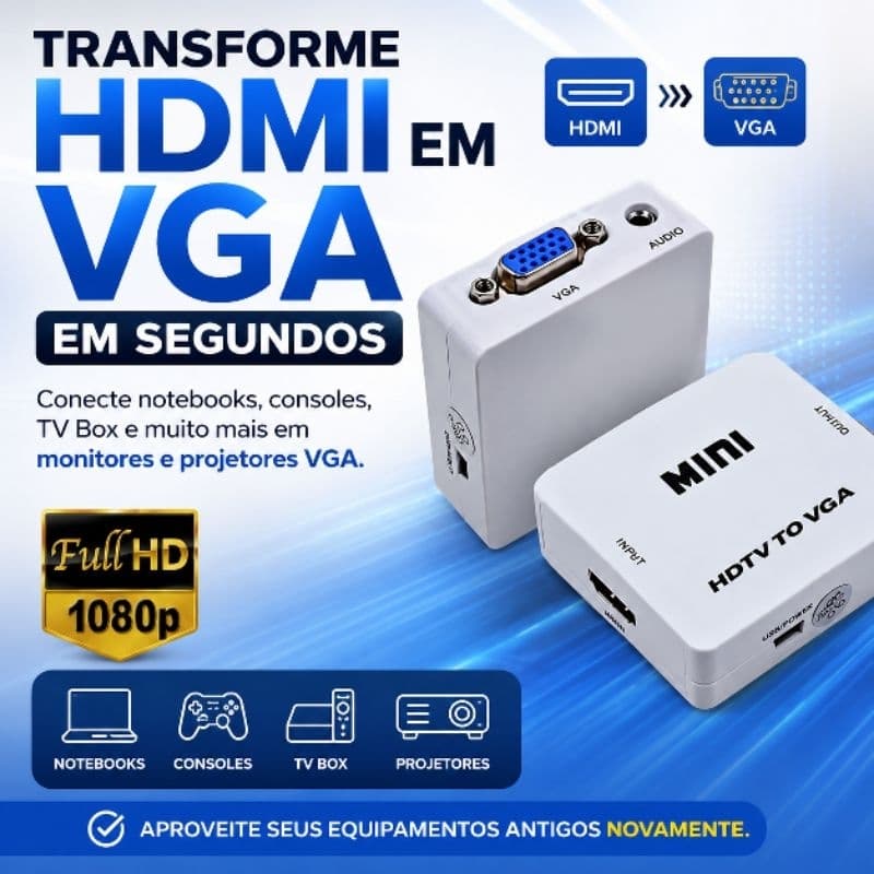Conversor HDMI para VGA com Áudio P2 Full HD 1080P Adaptador para Notebook PC TV Box PS4 Xbox Projetor