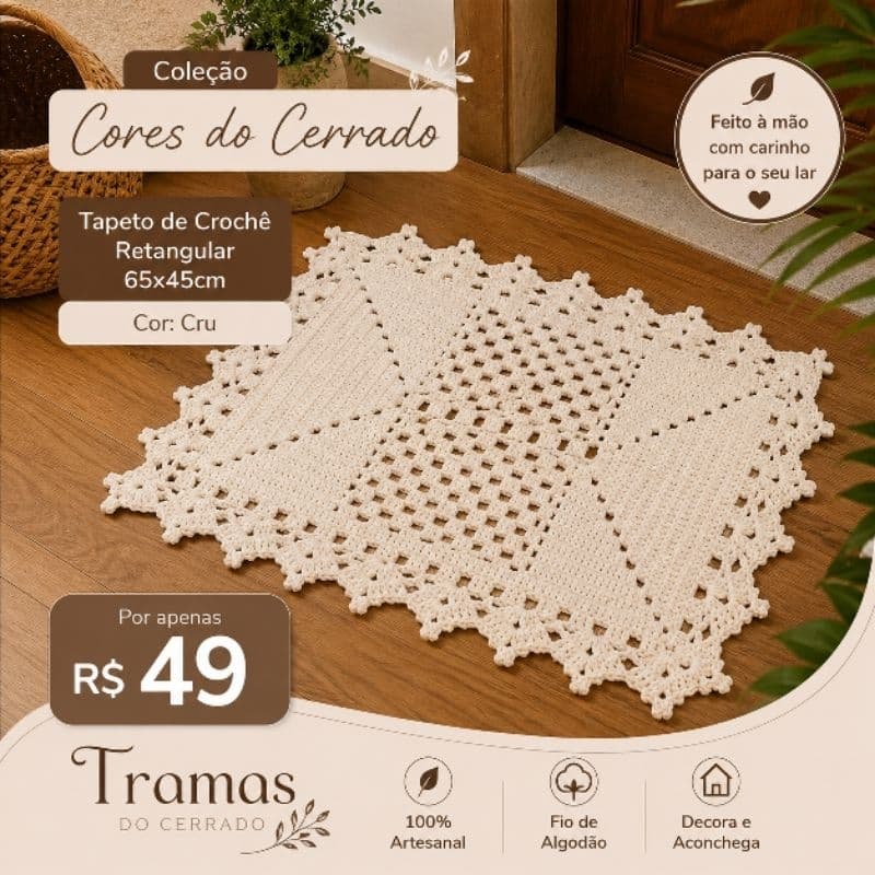 Tapete de Crochê Retangular Artesanal 65x45cm | Decoração para Porta, Sala e Cozinha | Feito à Mão