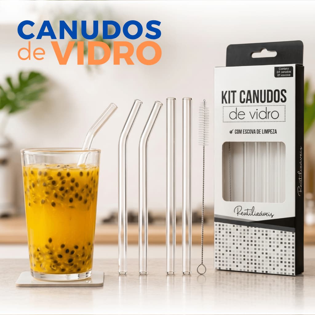 Canudos de Vidro e Escova de Limpeza Transparente Kit Canudos Resistente Reutilizáveis e Ecológico