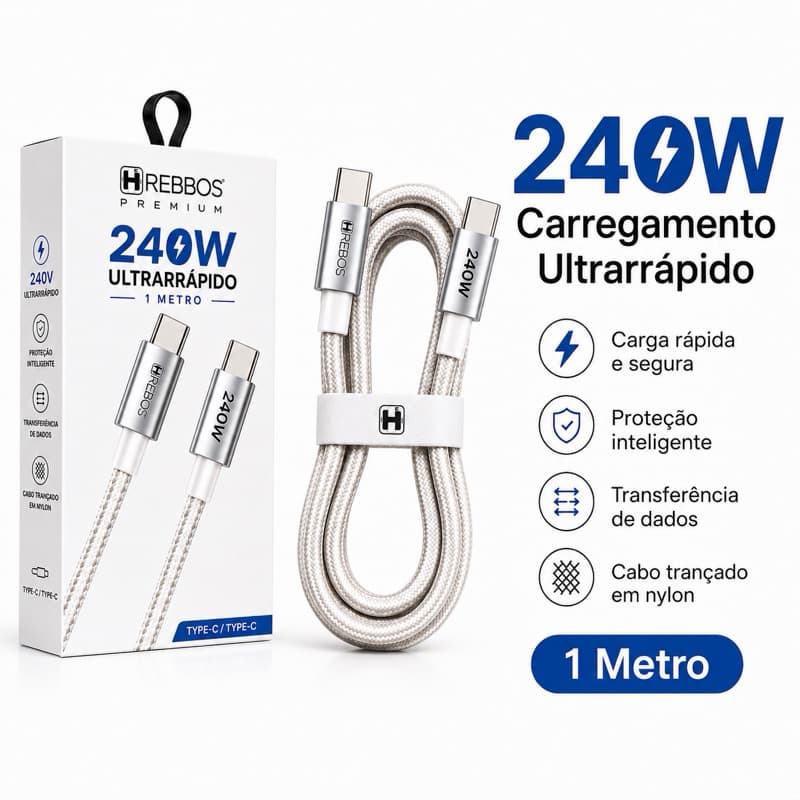 Cabo Tipo C para Tipo C HREBBOS 240W 1m Carregamento Rápido Turbo Nylon Trançado Reforçado USB-C