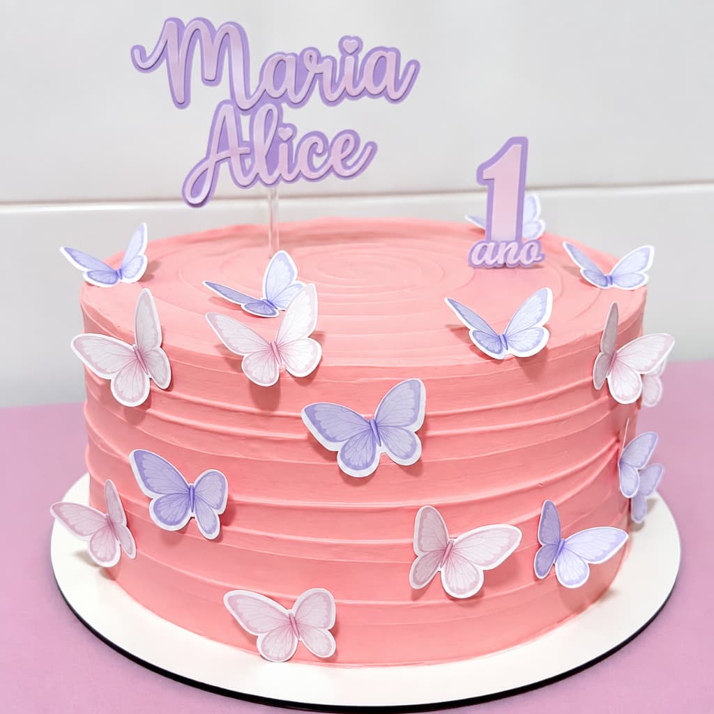 Topo de Bolo Nome Personalizado Rosa e Lilás - Jardim das Borboletas Decoração