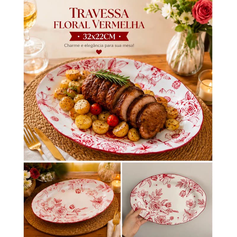 Travessa Floral vermelha em Cerâmica 32x22 cm | elegância para a sua mesa