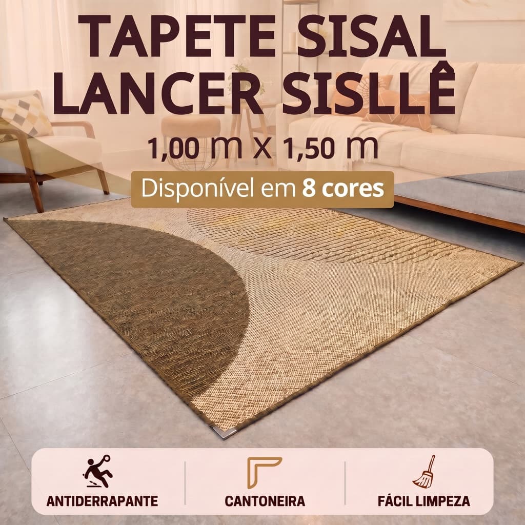 Tapete Sala 1,50 x 1,00 m Sisal Lancer Sisllê Antiderrapante Cantoneira Aço Cromado Sala Quarto