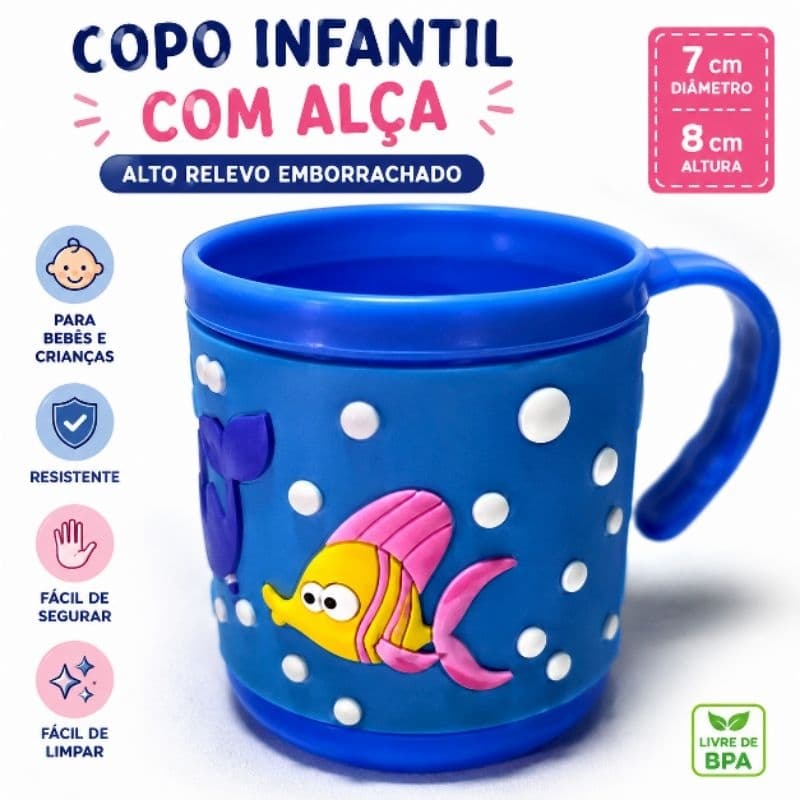 Copo Infantil com Alça Antiderrapante Alto Relevo Emborrachado Plástico Resistente para Crianças Bebê 7x8cm
