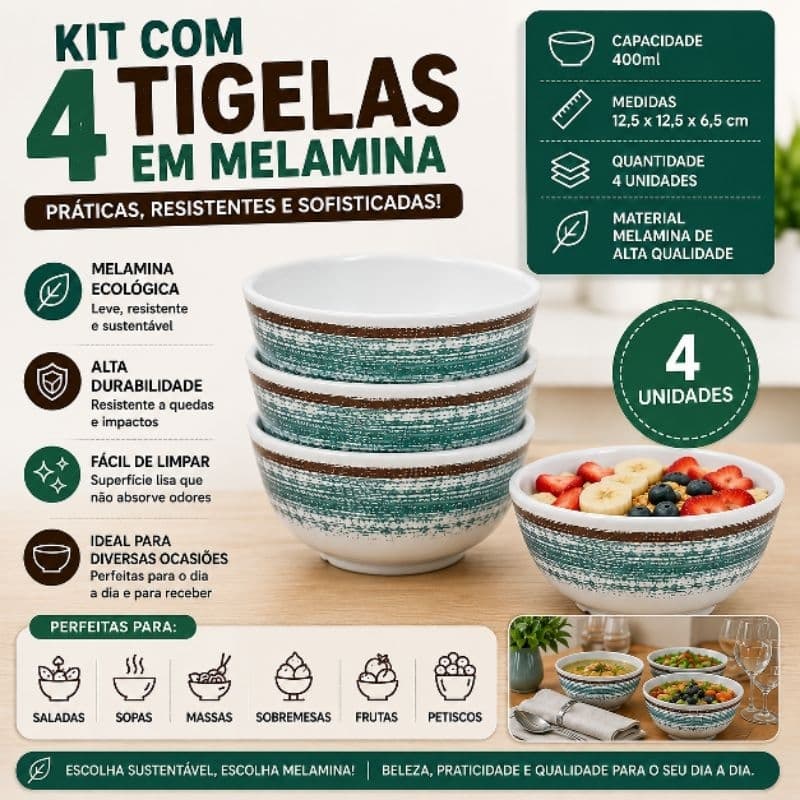 Kit 4 Tigelas Bowl em Melamina 400ml Cumbuca Estampada para Salada Cereal Sopa Sobremesa Frutas Petiscos
