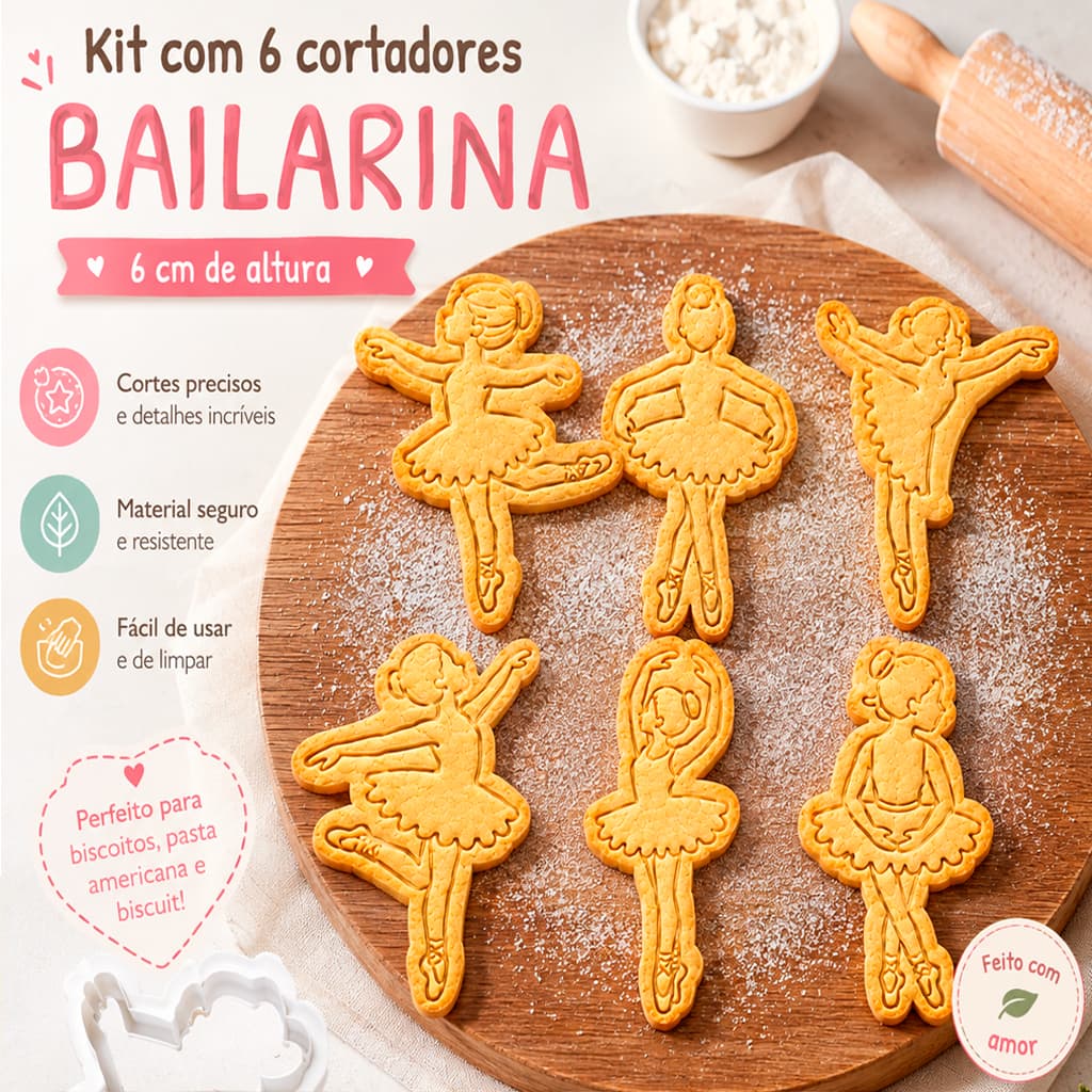 Kit Cortador de Biscoito Infantil Bailarina 6 Peças para Massa e Biscuit 6cm