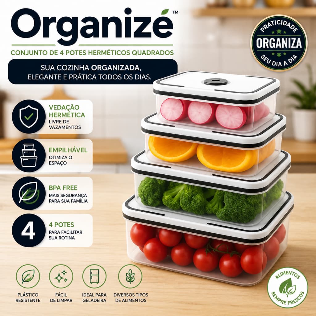 Kit 4 Potes Herméticos Quadrados para Mantimentos com Tampa Vedação Plástico Transparente Organizé