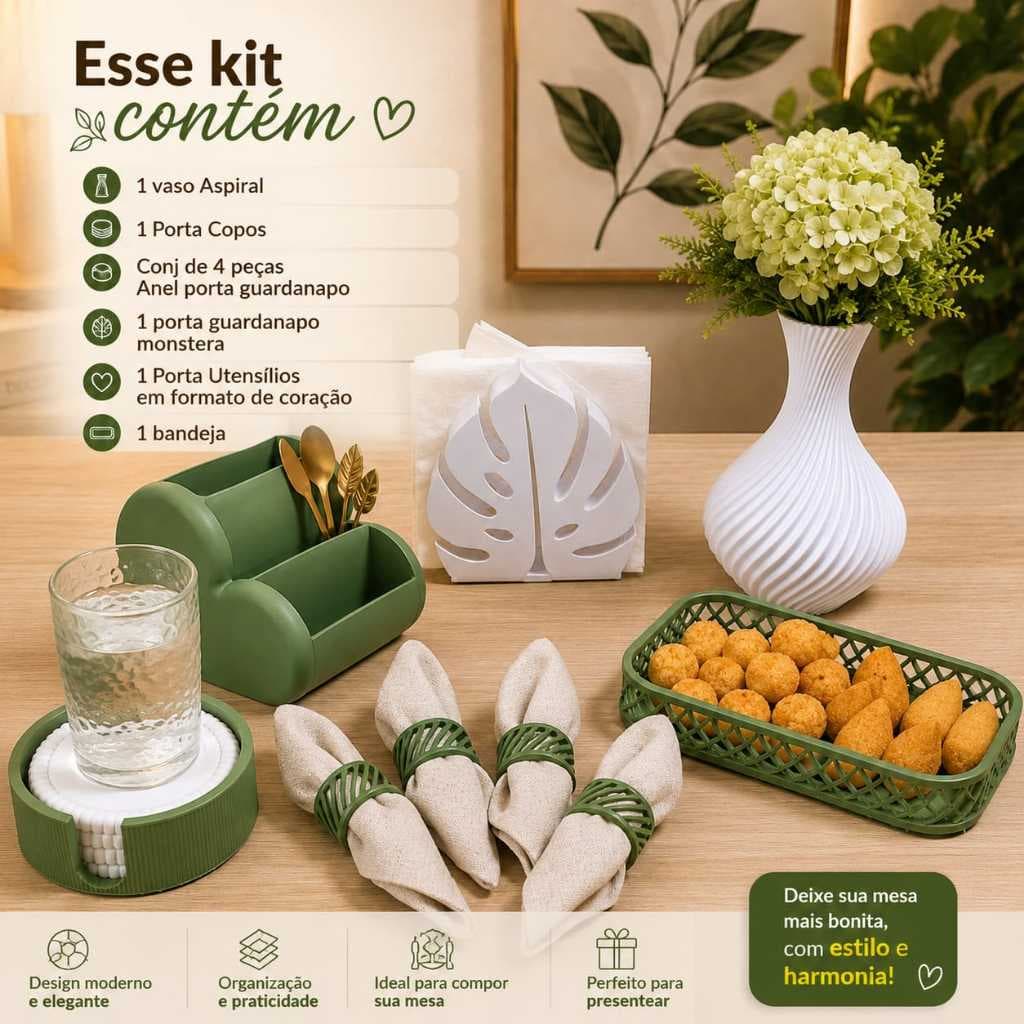 Kit Decoração Mesa Posta Completo | Vaso Decorativo Porta Guardanapo Porta Copos Porta Utensílios Bandeja
