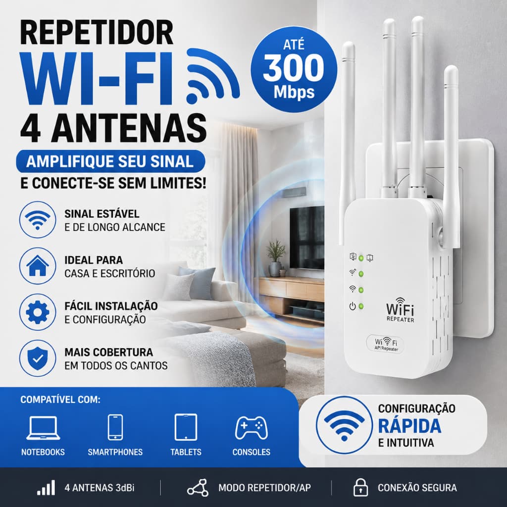 Repetidor Wi-Fi 4 Antenas 300Mbps Amplificador de Sinal Cor Branco Ideal para Casa e Escritório G8