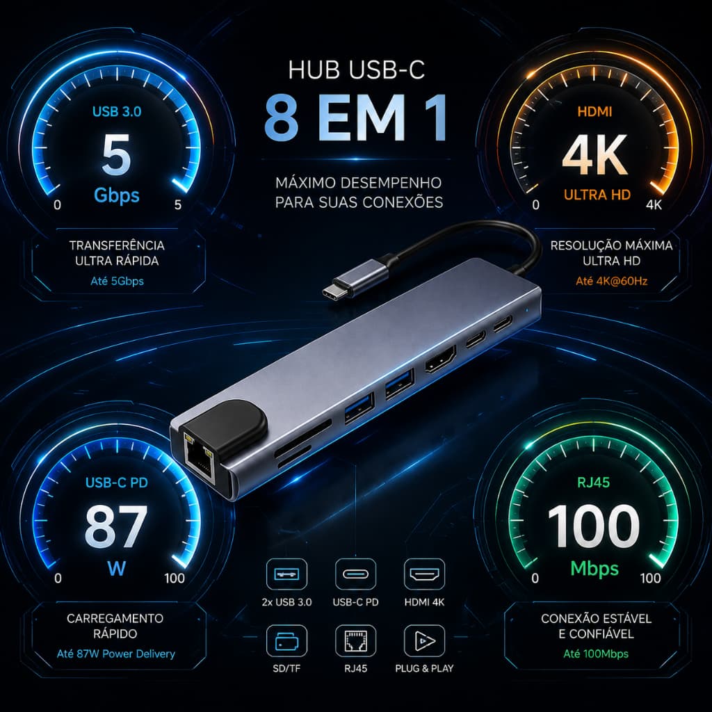 Hub USB Tipo C 8 Em 1 Portátil Adaptador Multiporta HDMI 45 RJ45 Leitor SD TF Compatível Com Notebook MacBook PC
