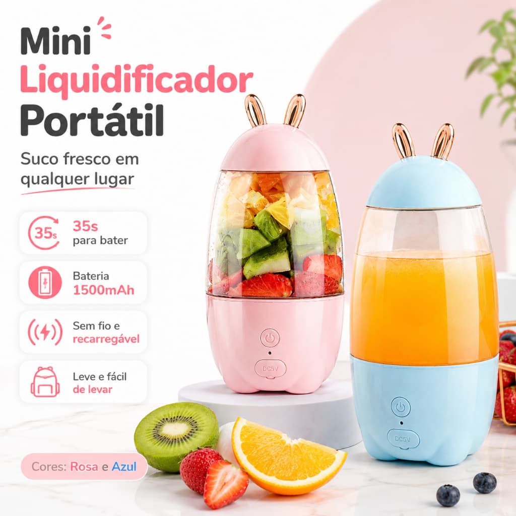 Mini Liquidificador Portátil Recarregável USB 1500mAh Sem Fio para Sucos Vitaminas e Papinhas Design Coelhinho